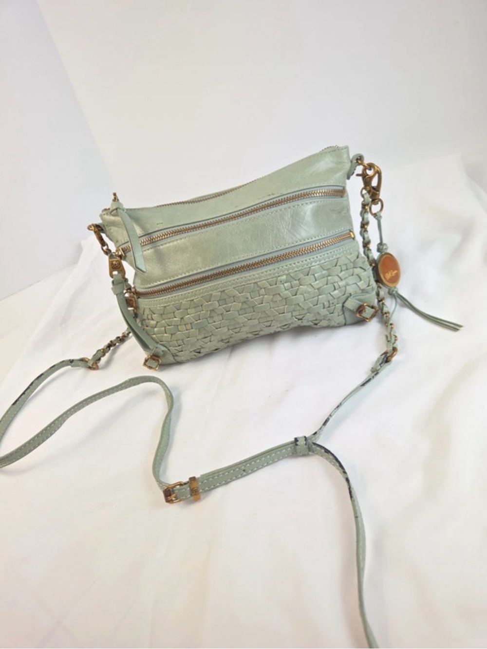 ELLIOT LUCCA LEATHER 3 ZIPPER DESIGN teal COLOR CROSSBODY BAG